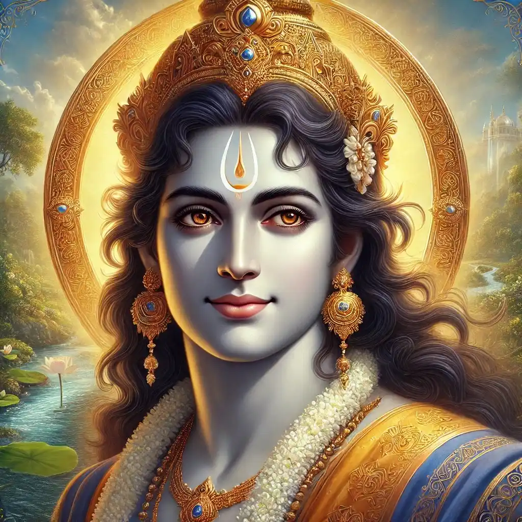 Graceful close-up of Lord Shree Ram with divine golden eyes and crown, ideal for Ram Raksha Stotra meditation and devotional blog visuals.