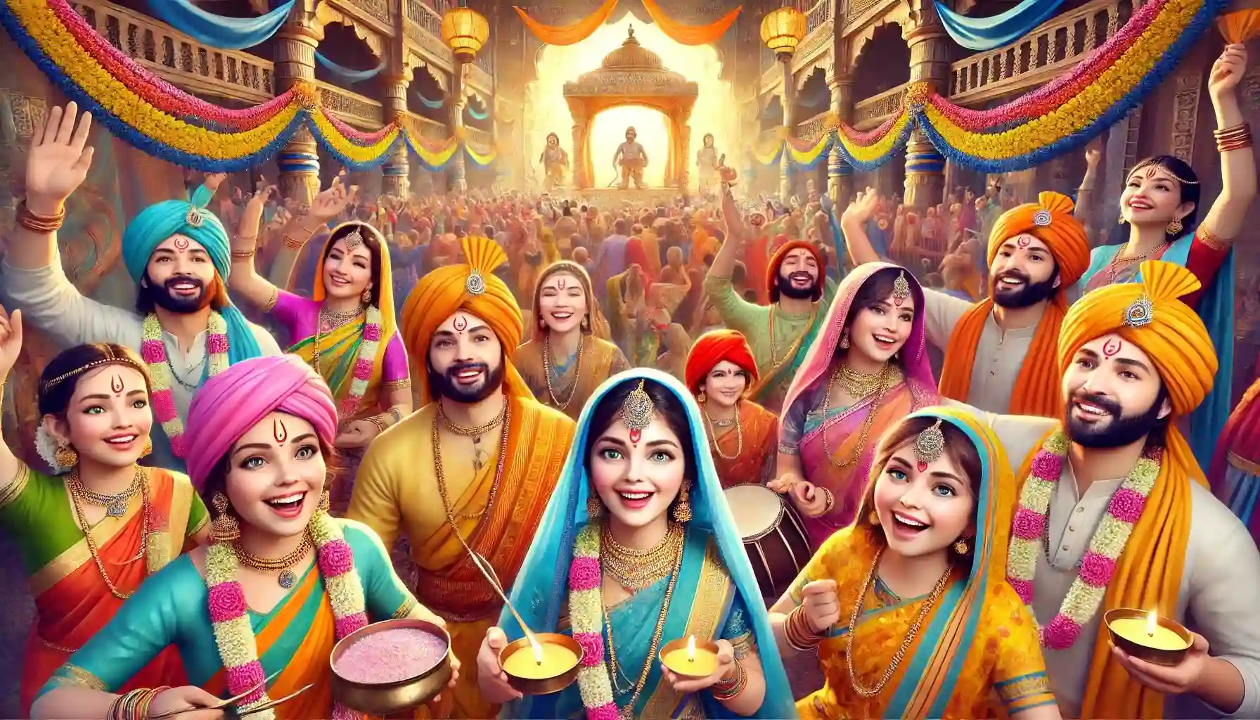 Joyful Indian devotees celebrating a grand Ram Navami festival with traditional attire, diyas, music, and devotion in front of Lord Shree Ram’s temple procession.