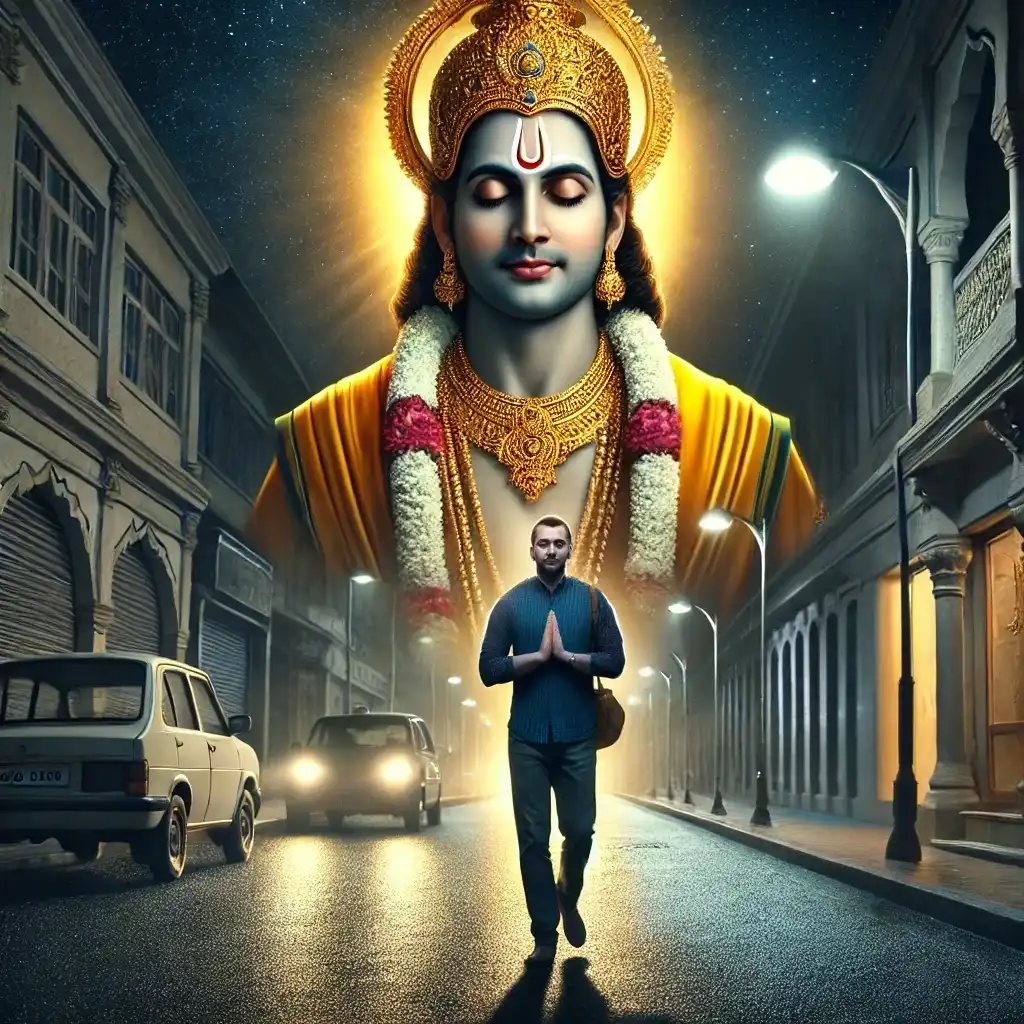 Man walking at night with folded hands, feeling protected by the divine presence of Lord Ram in the background.