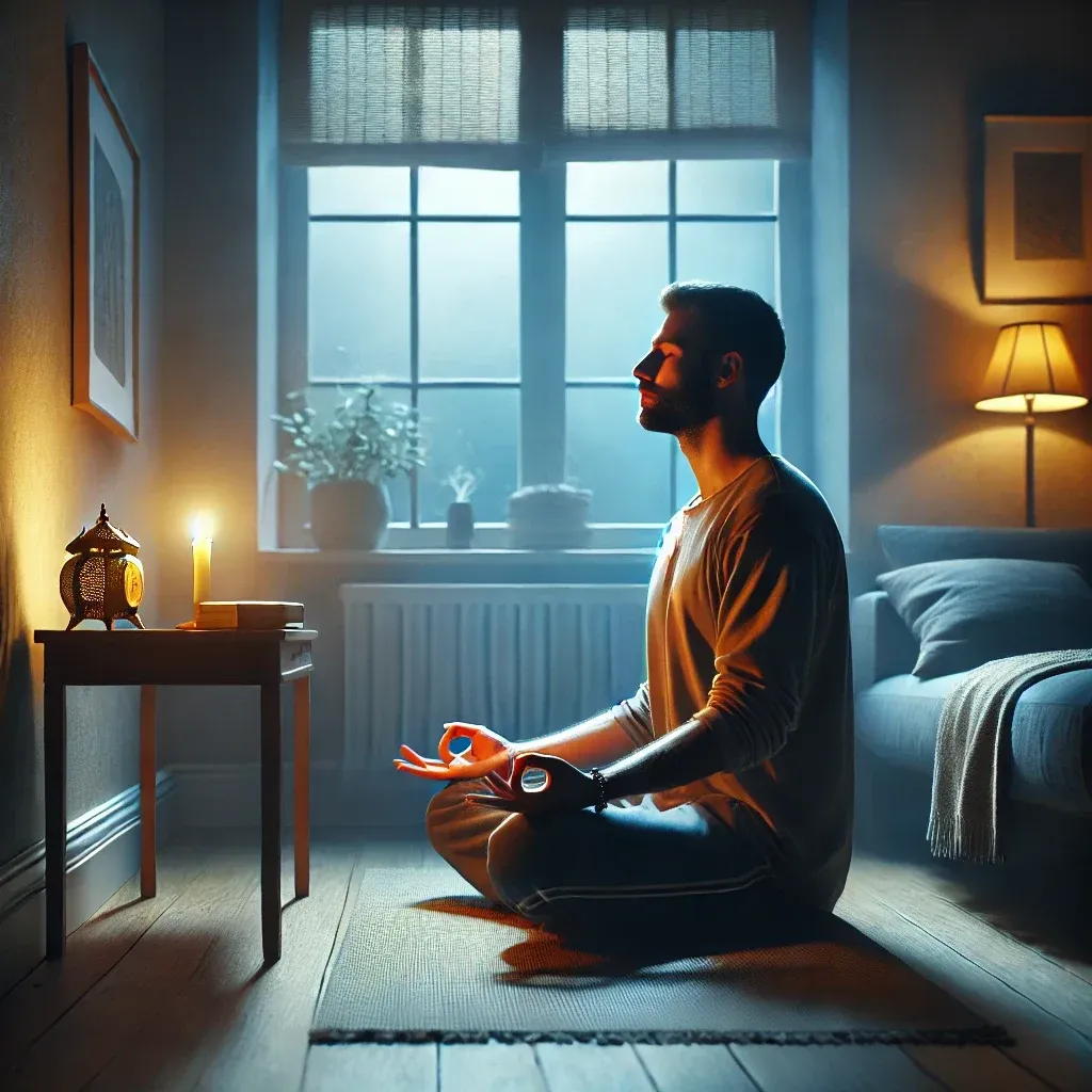 Young man meditating in a peaceful candle-lit room at night, practicing mindful breathing and spiritual focus during quiet evening sadhana.