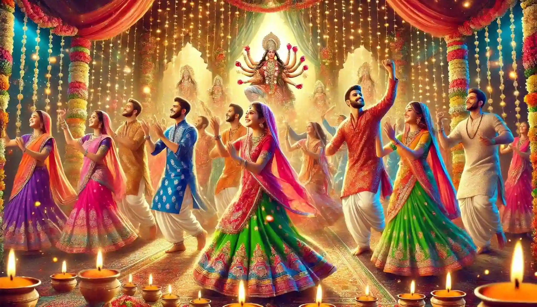 Devotees joyfully performing Garba dance during Navratri festival in traditional Indian attire, with a beautifully decorated Durga Mata idol and glowing diyas in the background.