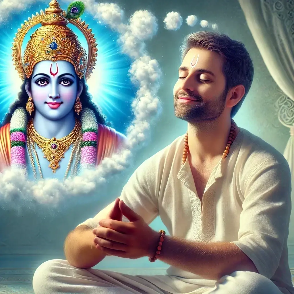 Devotee meditating with eyes closed, visualizing Lord Shree Ram through Roopdhyan meditation, wearing a tulsi mala and seated peacefully in a spiritual atmosphere.