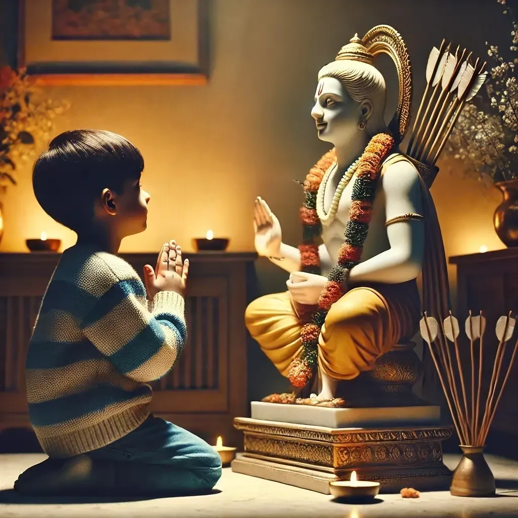 Young boy praying with folded hands in front of Lord Shree Ram’s idol decorated with garlands and diyas, symbolizing devotion and spiritual connection in childhood.
