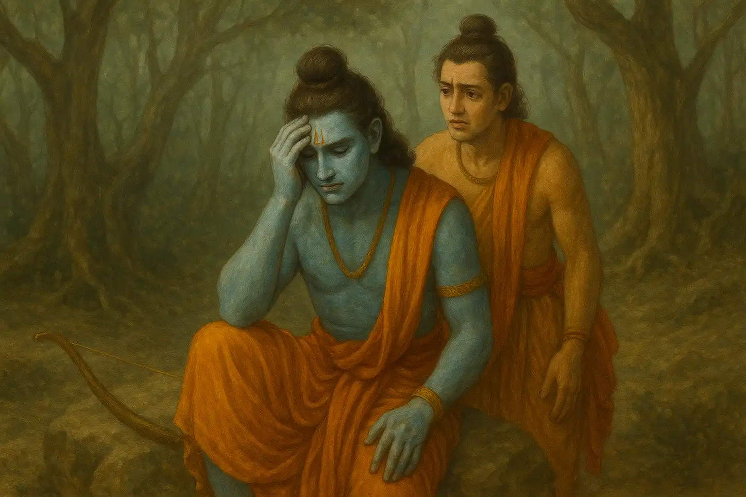 Lord Ram and Lakshman in the forest, portraying divine sorrow during the search for Sita — a sacred moment from Ram Leela meant to inspire devotion and contemplation.
