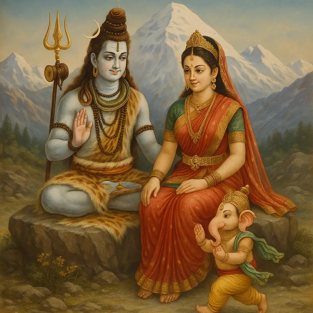 Lord Shiva and Goddess Parvati sit on Mount Kailash as young Ganesha walks around them in devotion.
