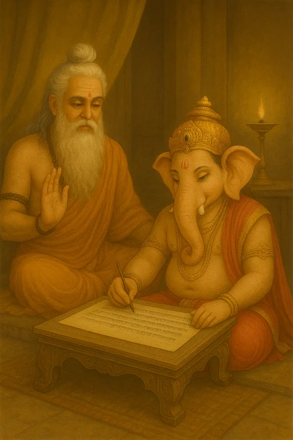 Sage Vyas recites the Mahabharat while Lord Ganesha writes it on a scroll with focus.