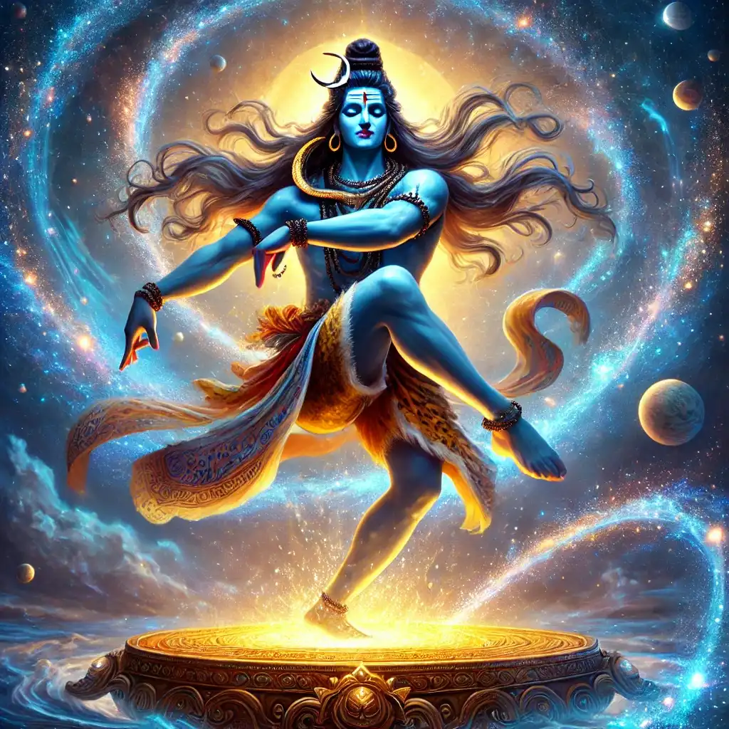 Lord Shiva performing cosmic Tandav dance on golden pedestal, surrounded by celestial energy and planets – symbol of creation and destruction.