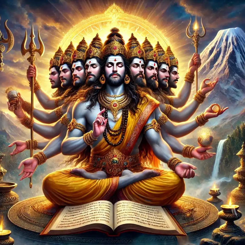 Ravana with ten heads and multiple arms composing the Shiv Tandav Stotram in deep devotion to Lord Shiva, divine aura in background.