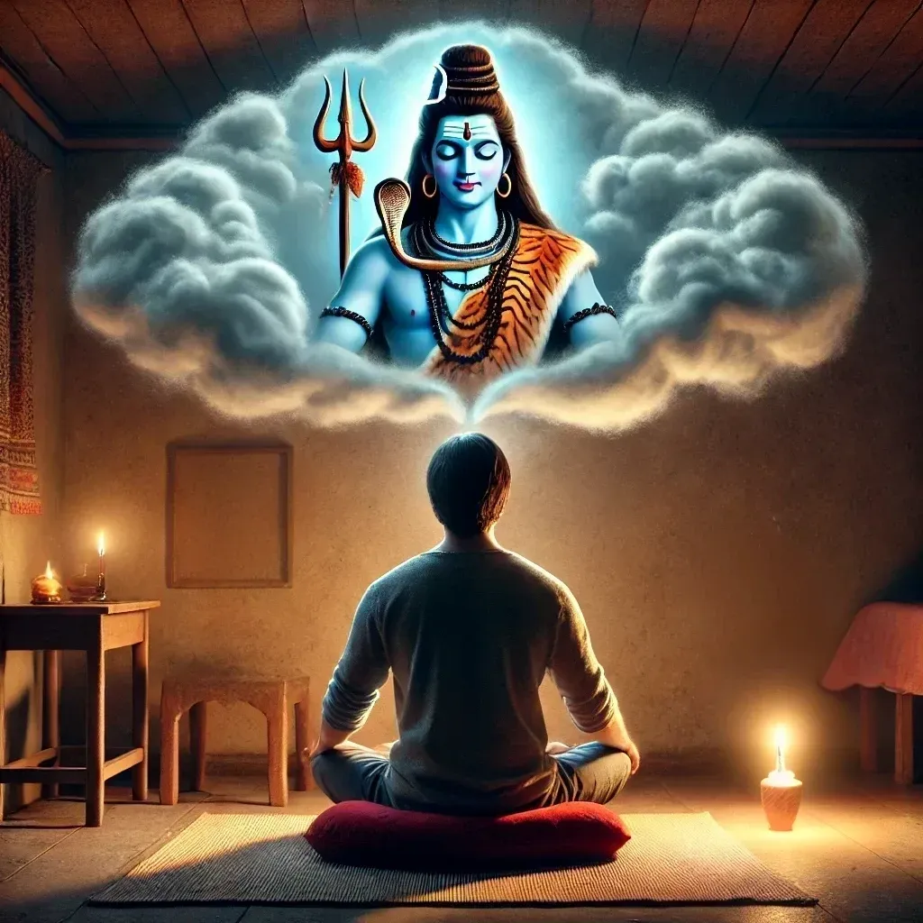 Devotee meditating in candlelit room, visualizing Lord Shiva in divine form above, symbolizing spiritual connection through devotion and stillness.