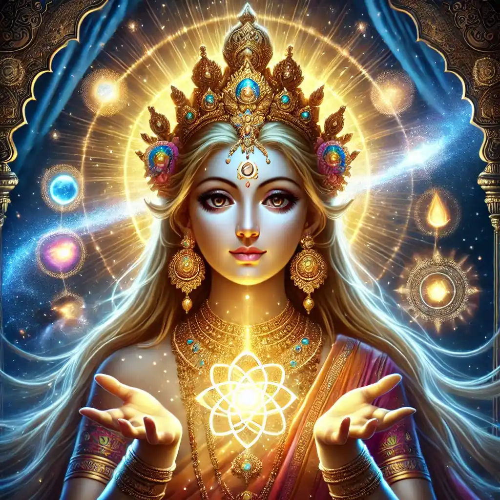 Divine Shakti stands radiant in celestial space, with glowing eyes and golden light flowing into the five elements. Her form symbolizes the sacred origin of all creation.