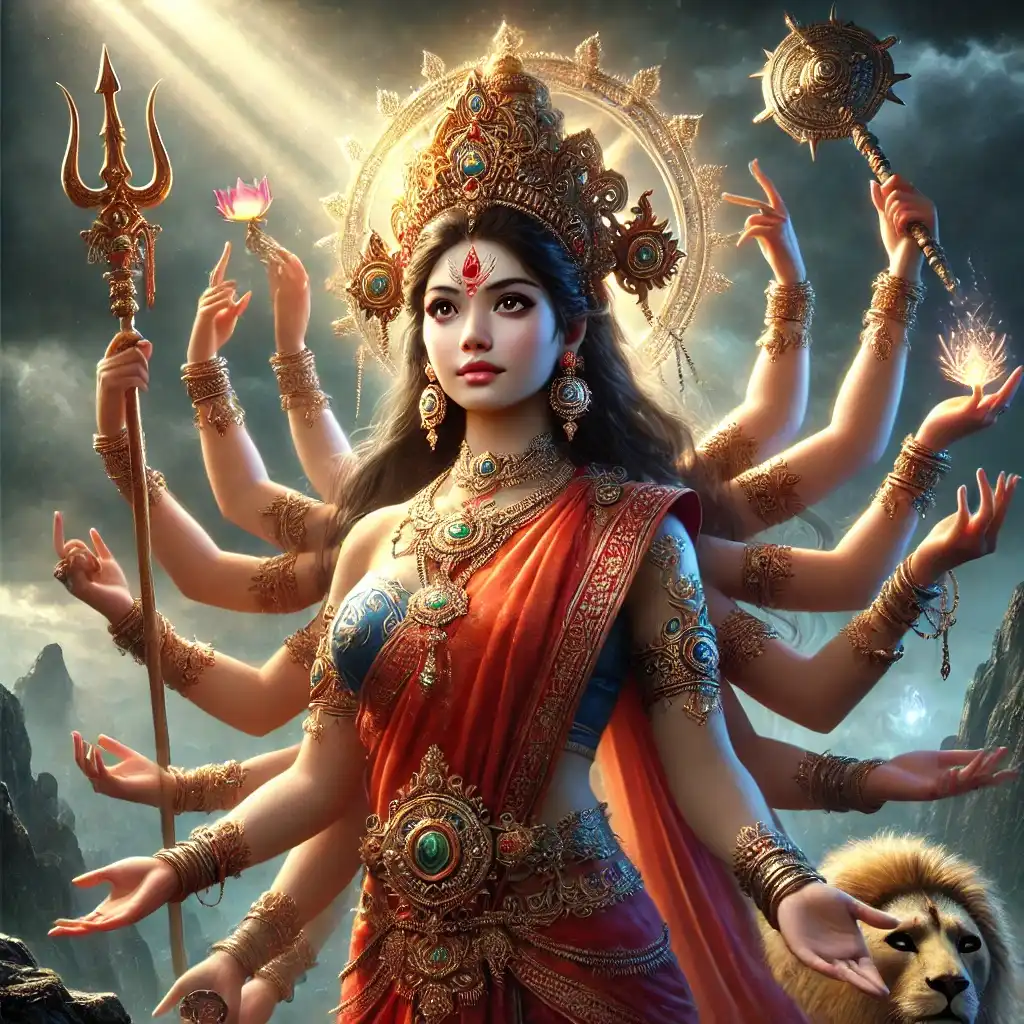 Fantasy illustration of Goddess Durga with ten arms, holding divine weapons, standing on a lion as she prepares to battle Raktbeej, the blood-born demon who multiplies with every drop spilled.