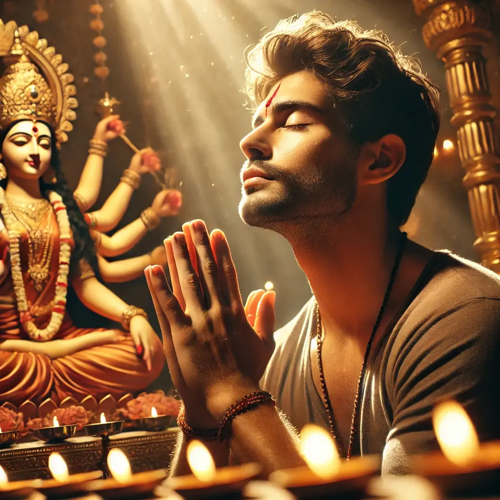 A Hindu devotee sits in a peaceful temple with folded hands, immersed in prayer and spiritual surrender. Surrounded by golden light and sacred ambiance, their expression reflects deep love and devotion.