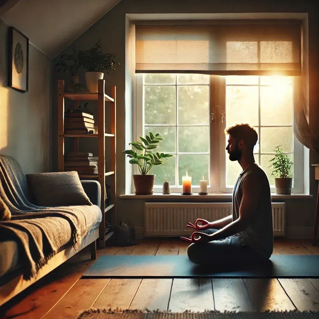 A serene morning scene of a person meditating indoors, reflecting the essence of Gita Dhyanam—humility, surrender, and divine receptivity.