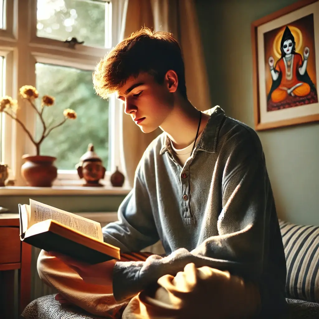 A serene, sunlit room symbolizing quiet devotion—inviting reflection on the Gita with bhav, faith, and bhakti as taught by Swami Mukundananda Ji.