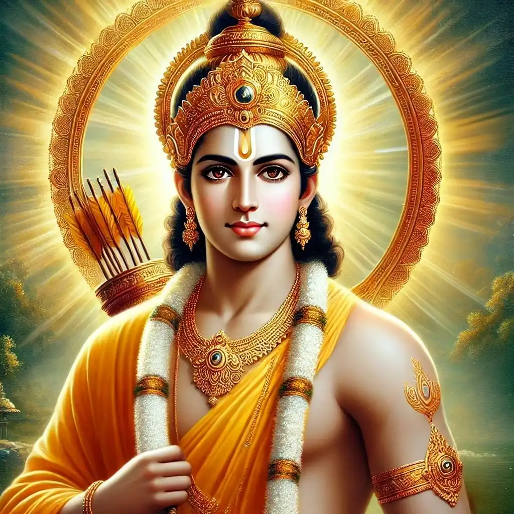 Waist-length traditional painting of Shree Ram with a radiant halo, wearing saffron robes and golden ornaments, featuring calm, expressive eyes and a serene expression, set against a soft, divine background.