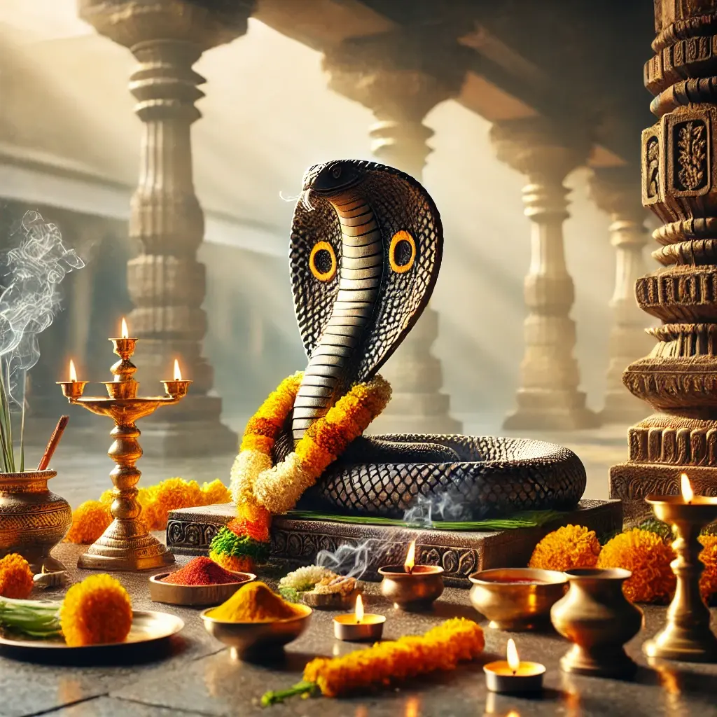 Decorated cobra idol worshipped with flowers, lamps, and offerings during Nag Panchami festival in a South Indian temple.