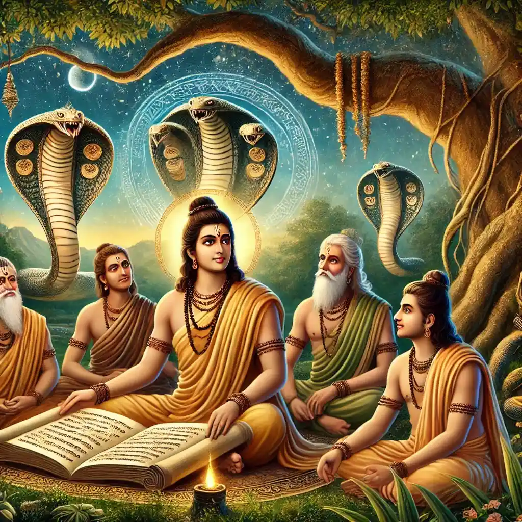 Vedic sages study scriptures beneath a sacred tree, guided by a divine teacher, with celestial serpents symbolizing the cosmic and spiritual power of nagas.