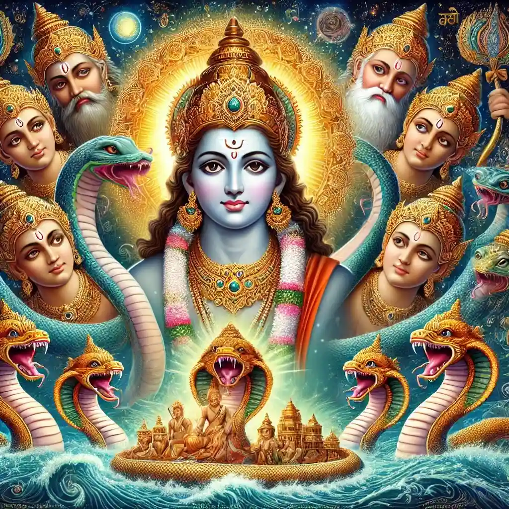 Hindu deities with Vasuki and Shesha, cosmic serpents, surrounded by celestial elements and ocean waves, representing divine forces in Hindu cosmology.