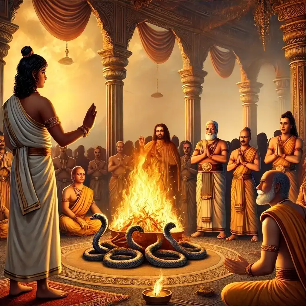 Sacred fire ritual with sages, serpents, and sage Astika intervening to stop the Sarpa Satra during Nag Panchami, as described in the Mahabharata epic.