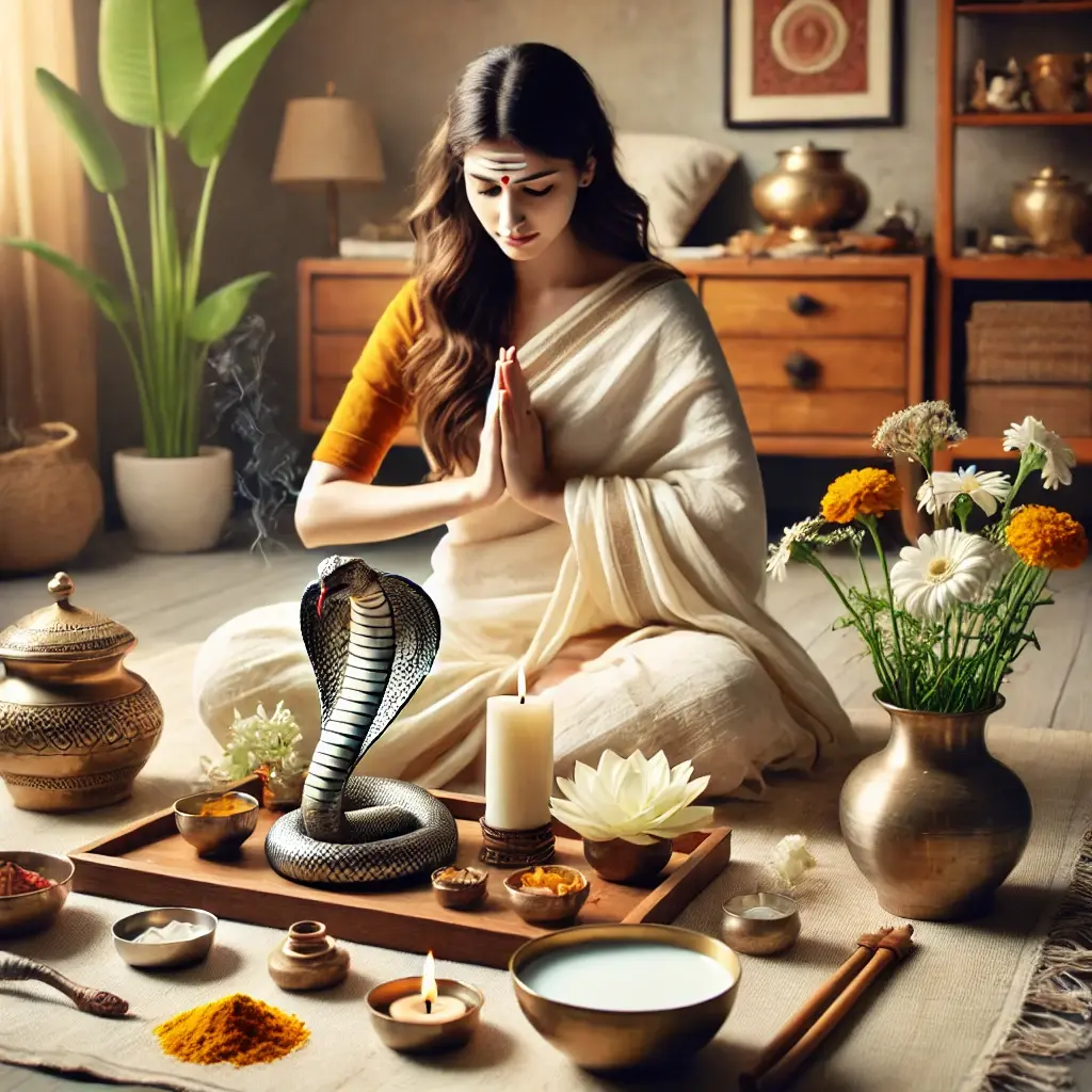 Woman in traditional attire offering prayers to a serpent idol during Nag Panchami at home, surrounded by flowers, lamps, milk, and puja items.