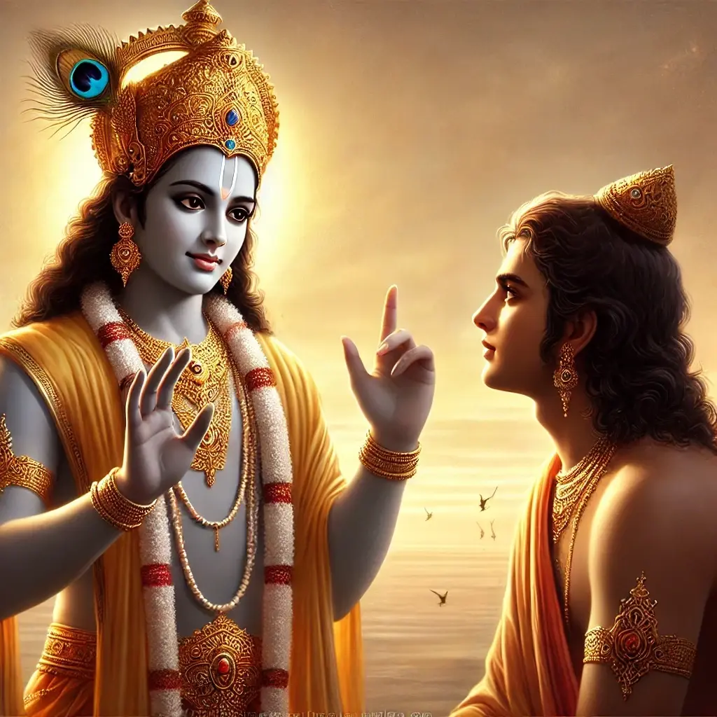 Shree Krishna teaching Arjuna on the battlefield of Kurukshetra, symbolizing spiritual unity and divine connection with all life, including serpents.