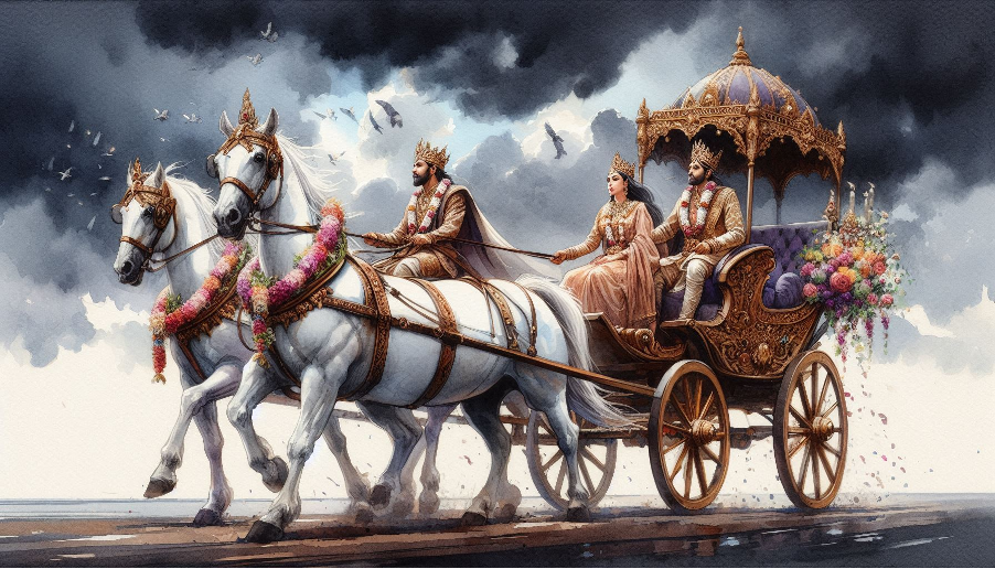 "An image of Kans carrying Devaki and Vasudev on a chariot."