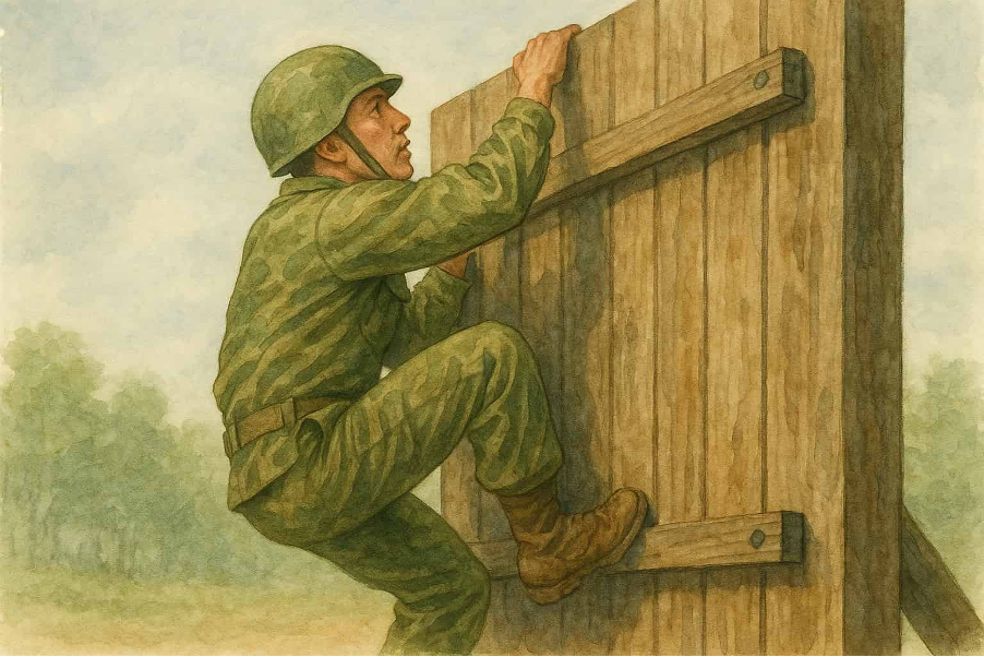 A soldier climbing a wooden door as a part of army training. 