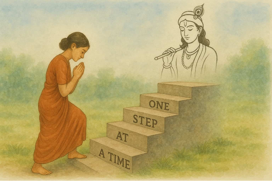 A devoted women take one step at a time towards God.