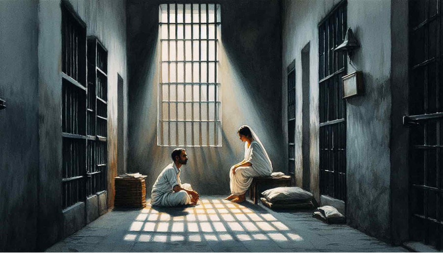 An image of Prision House where Devaki and Vasudev is sitting. 