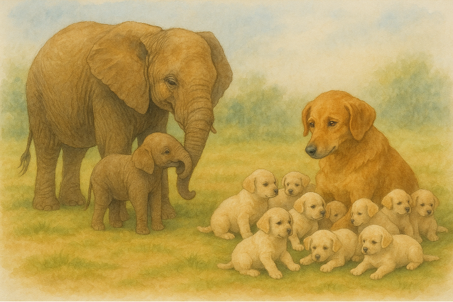 An image of an elephant and a dog where elephant is with her single child whereas dog has many puppies. 