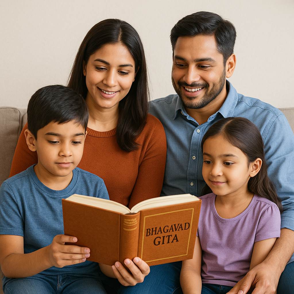 An image of a family reading Bhagavad Gita while sitting together.
