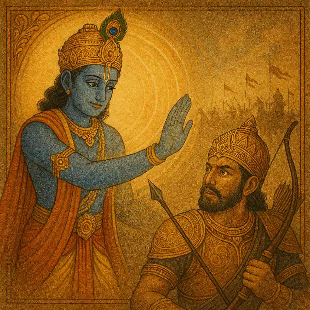 A beautiful image of Shree Krishna guiding Arjun on the battlefield.
