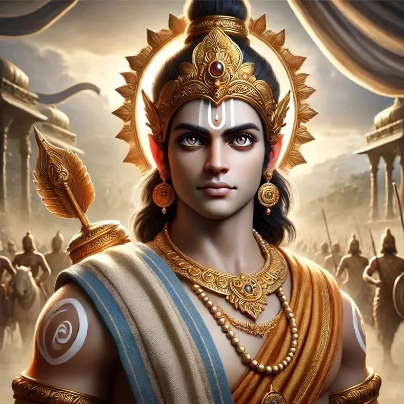  A highly realistic and detailed image of Angad from the Ramayana, depicted with a fearless and determined expression, standing tall in a royal warrior stance.