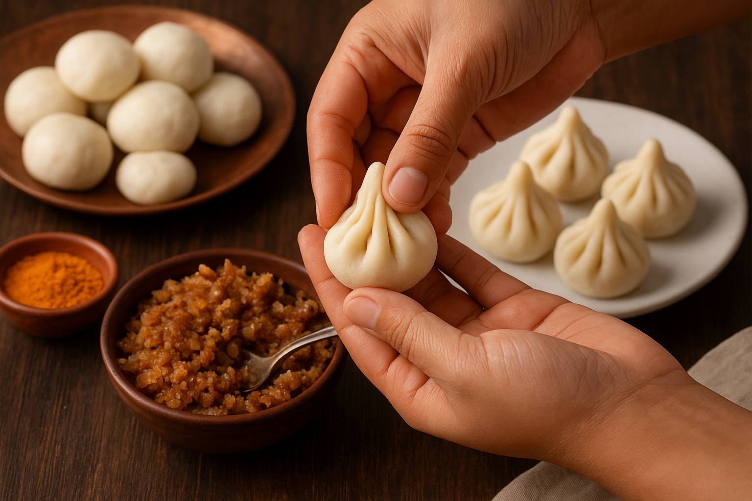Modak is getting prepared to be offered to Ganesha. 