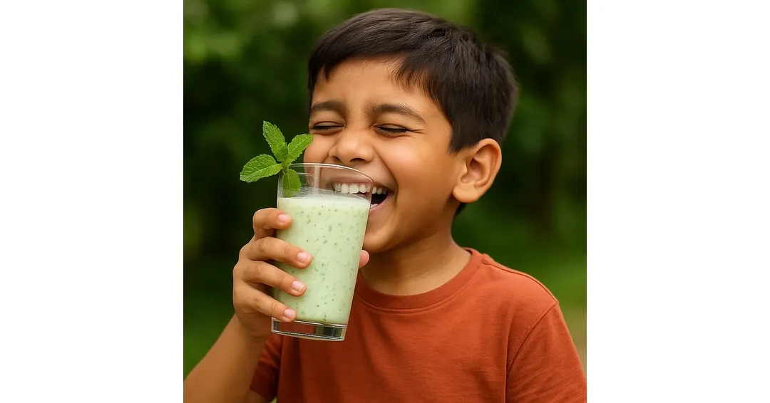 Smiling boy holding mint buttermilk in a glass – a refreshing probiotic-rich summer drink that boosts hydration, digestion, and gut health for children.