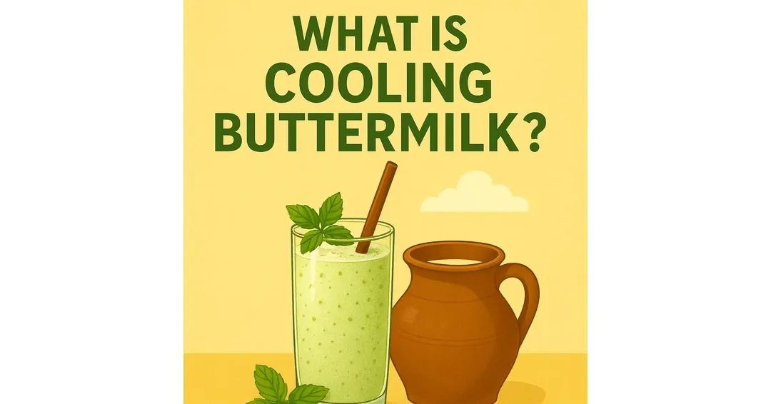 Illustration of cooling buttermilk in a glass with mint and clay pot, promoting Ayurvedic summer drink benefits and natural hydration.