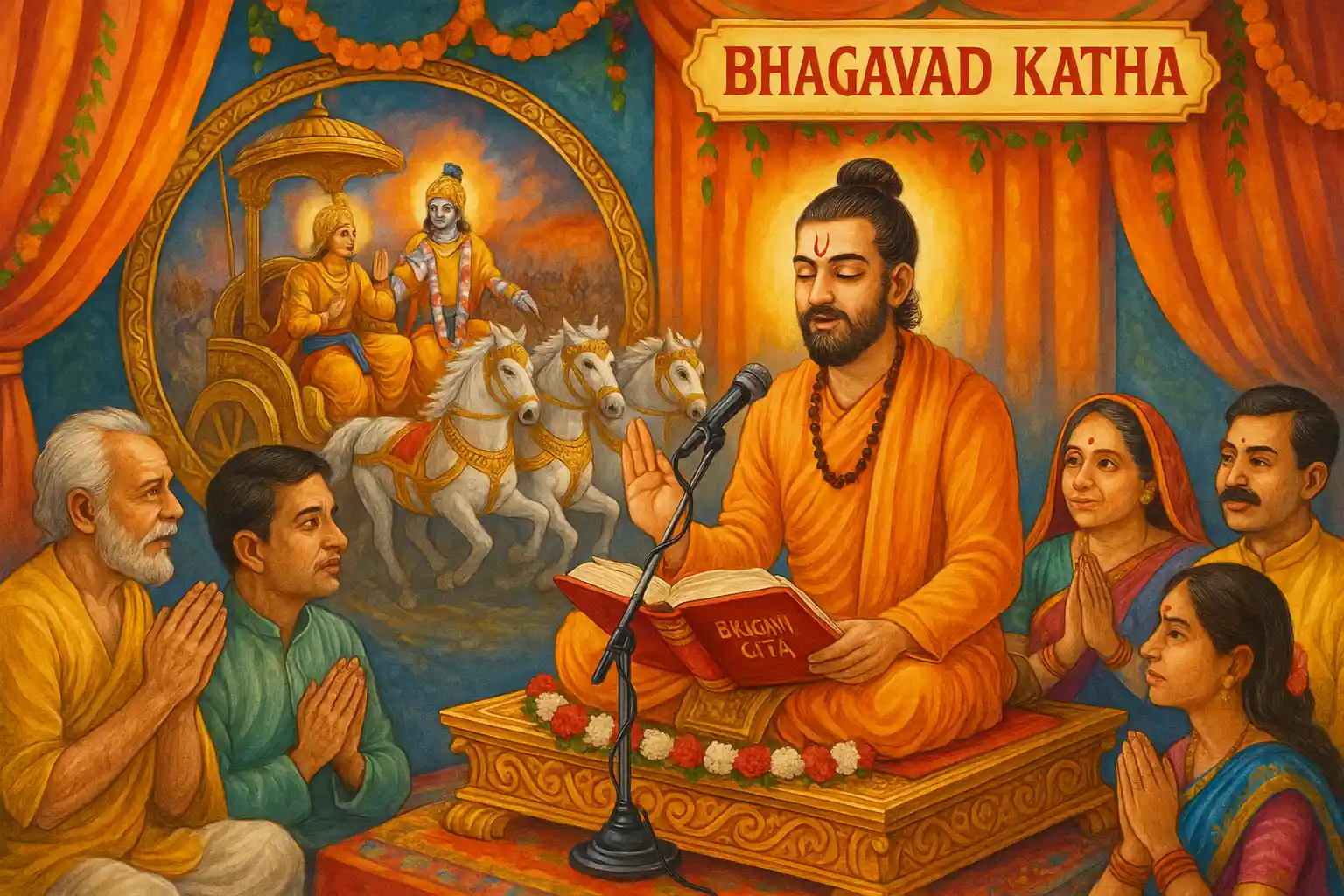 A beautiful image of a preacher providing discourses on pastimes of Lord Krishna.