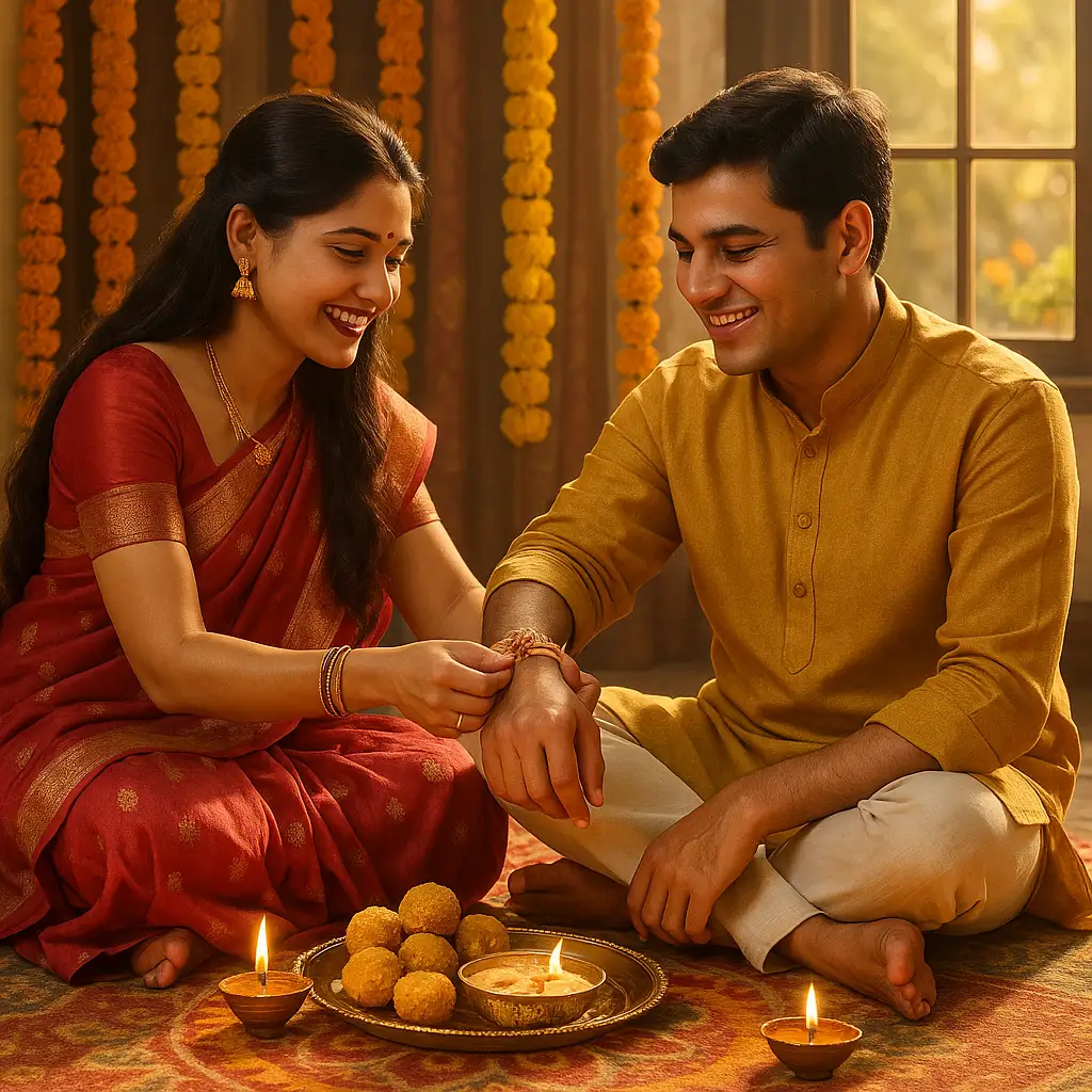 Sister ties rakhi on brother’s wrist amid marigolds, diyas, and sweets, capturing the warmth and tradition of Raksha Bandhan celebrations.