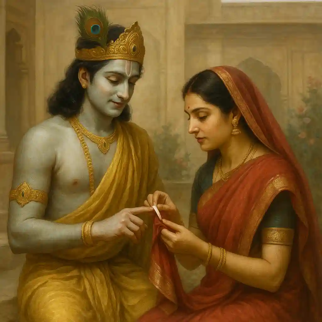 Draupadi ties her saree around Krishna’s injured finger, both smiling warmly in a sunlit palace courtyard with soft flowers and royal details.