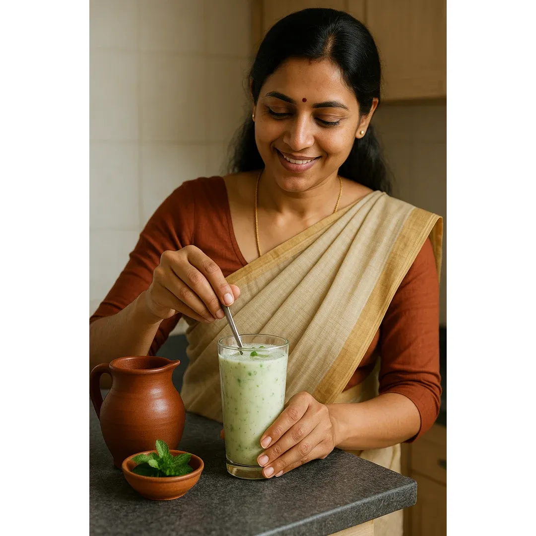 South Asian woman stirring a glass of mint sattu buttermilk in her kitchen, with terracotta pot and fresh herbs—an Ayurvedic drink for summer wellness.