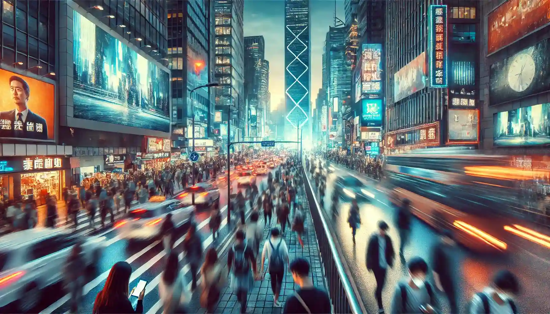 A beautiful depiction of a busy street with people and vehicles.