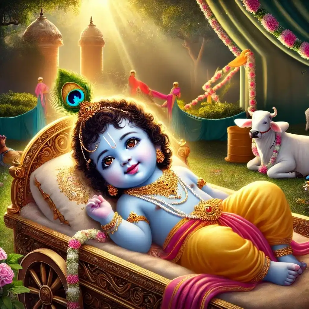 A beautiful image of Lord Krishna lying in the cradle in Gokul.