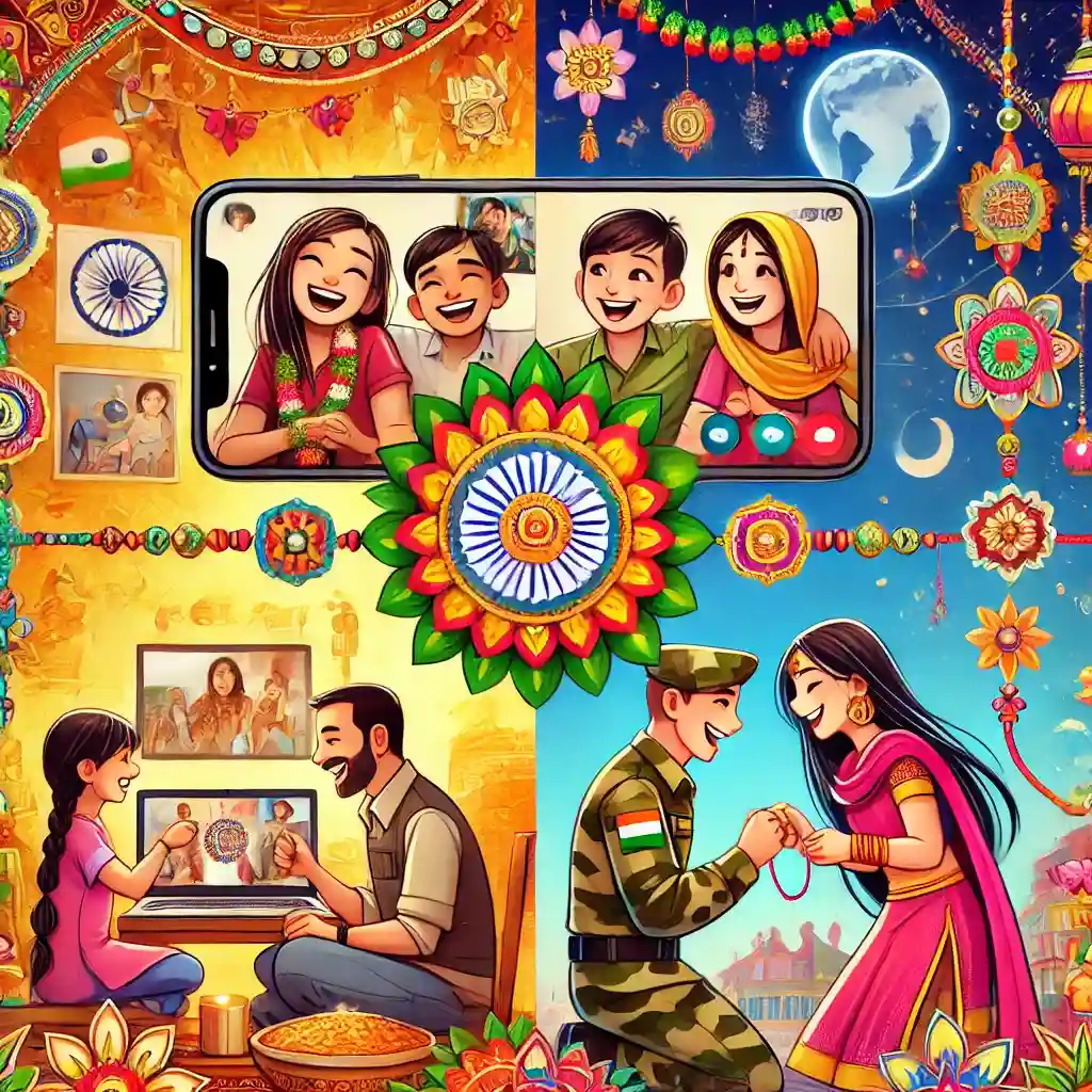 Split-scene of global Raksha Bandhan with video calls, digital rakhis, soldiers honored, and sisters tying rakhis in modern-traditional fusion.