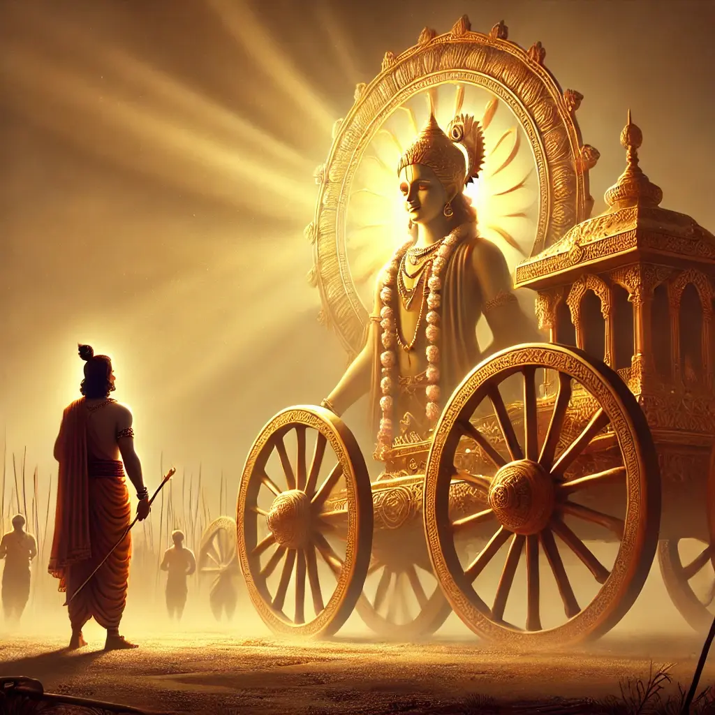 "Lord Krishna stands beside a damaged chariot, glowing with divine light, as Arjuna watches in awe, realizing Krishna silently protected him during war."