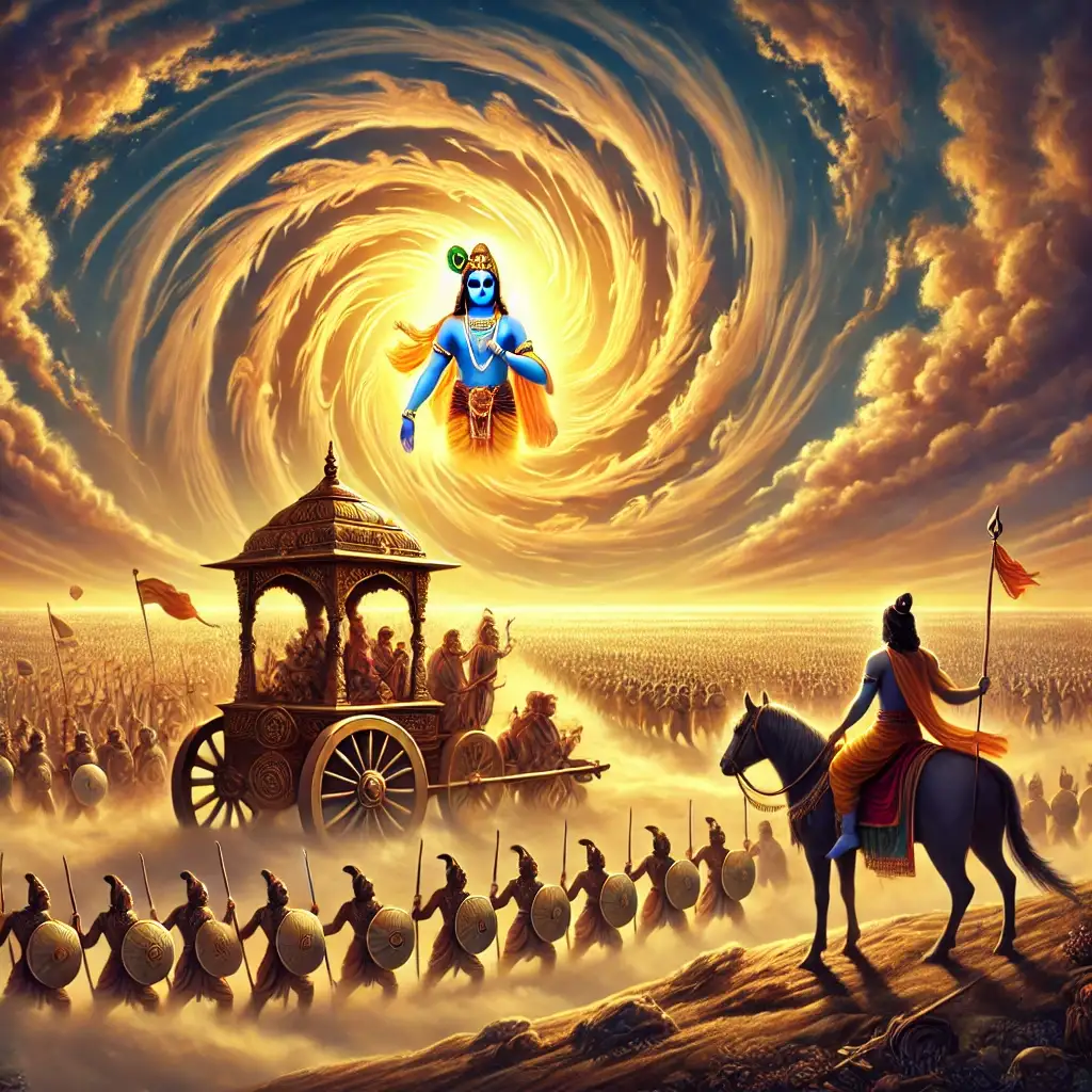 A scene where Krishna's sudarshan chakra is protecting the interest of Pandavas.
