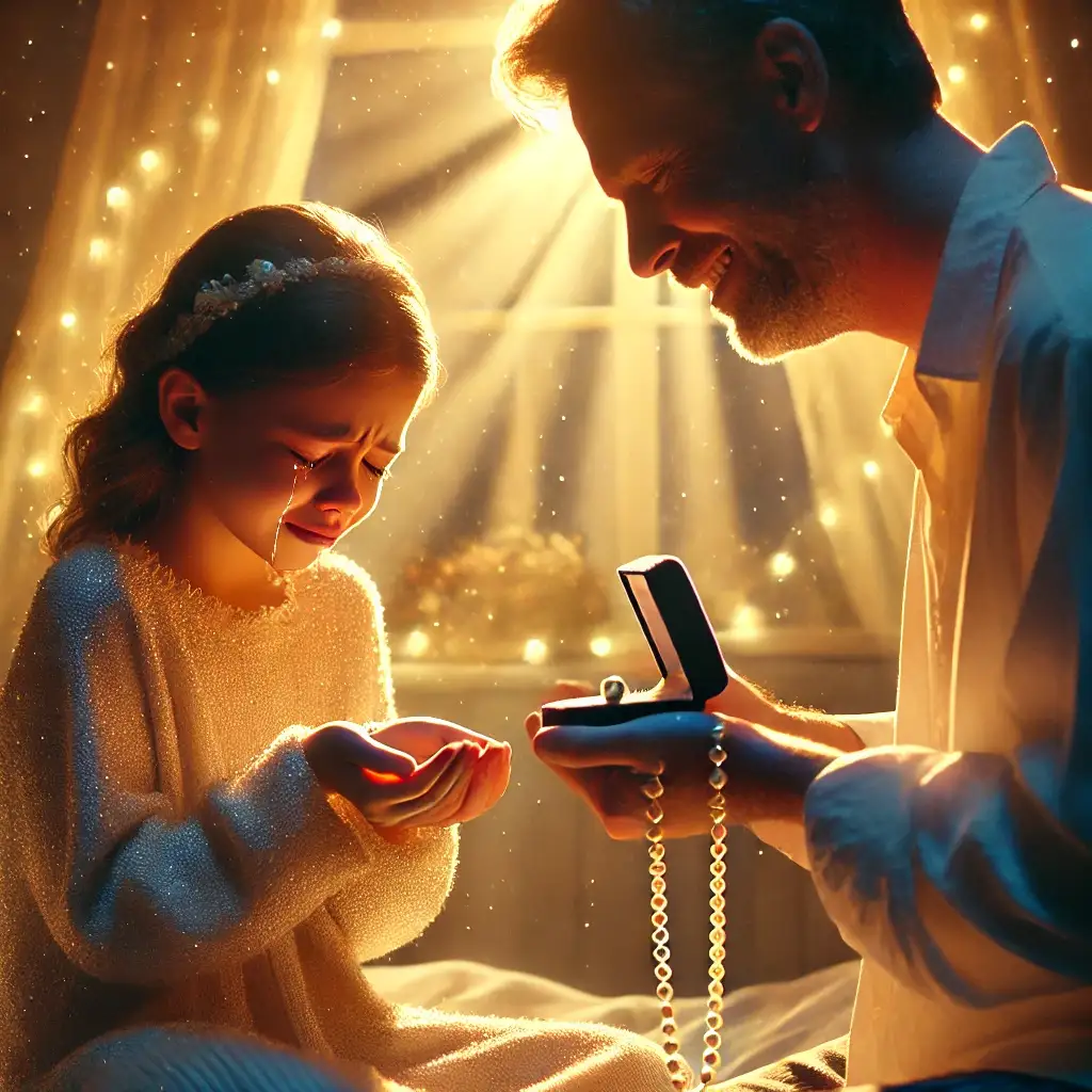 An image of a daughter with her father where he is giving her a necklace.