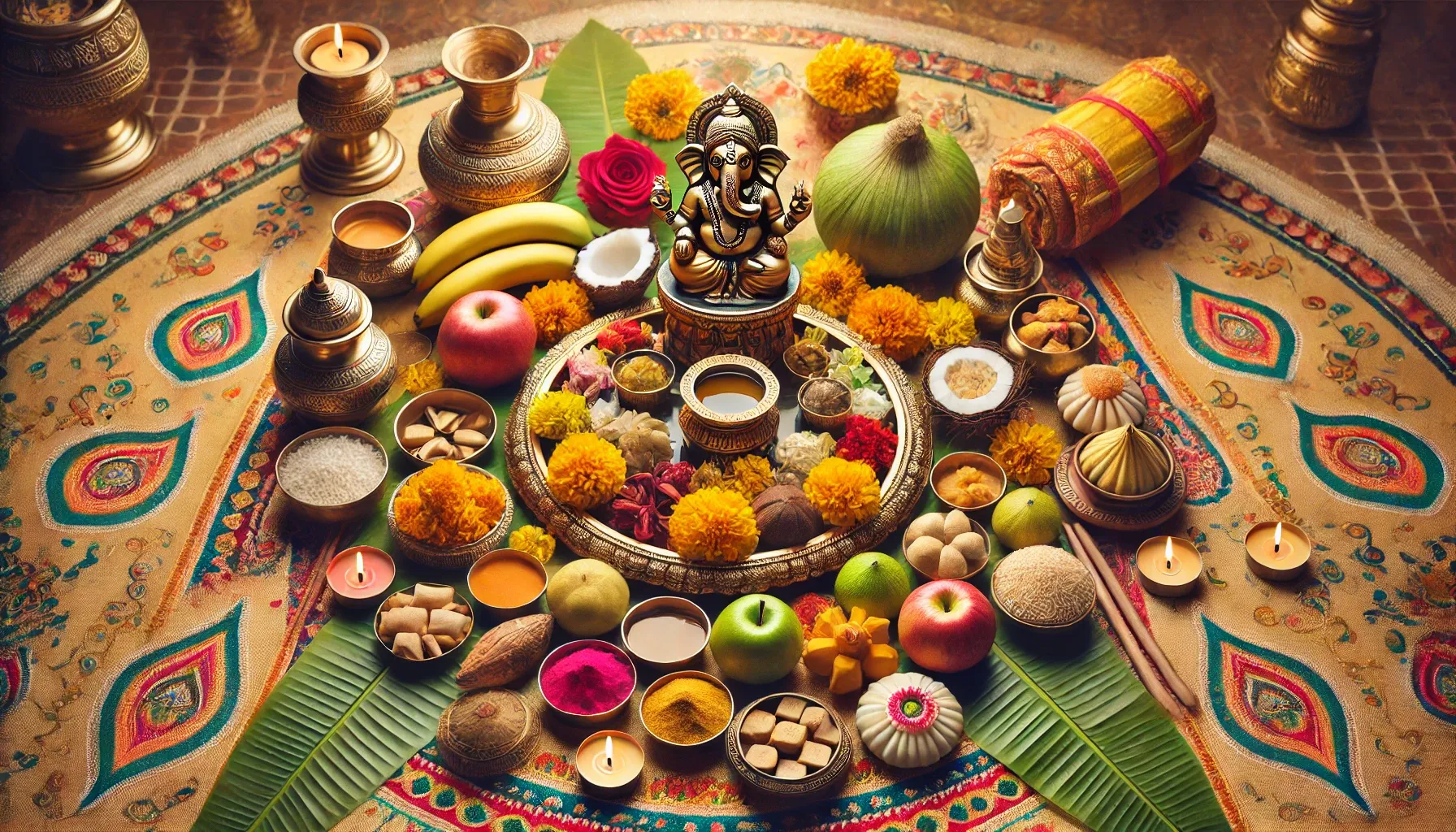 "Pooja Samagri is keept along with Idol of Ganesha"