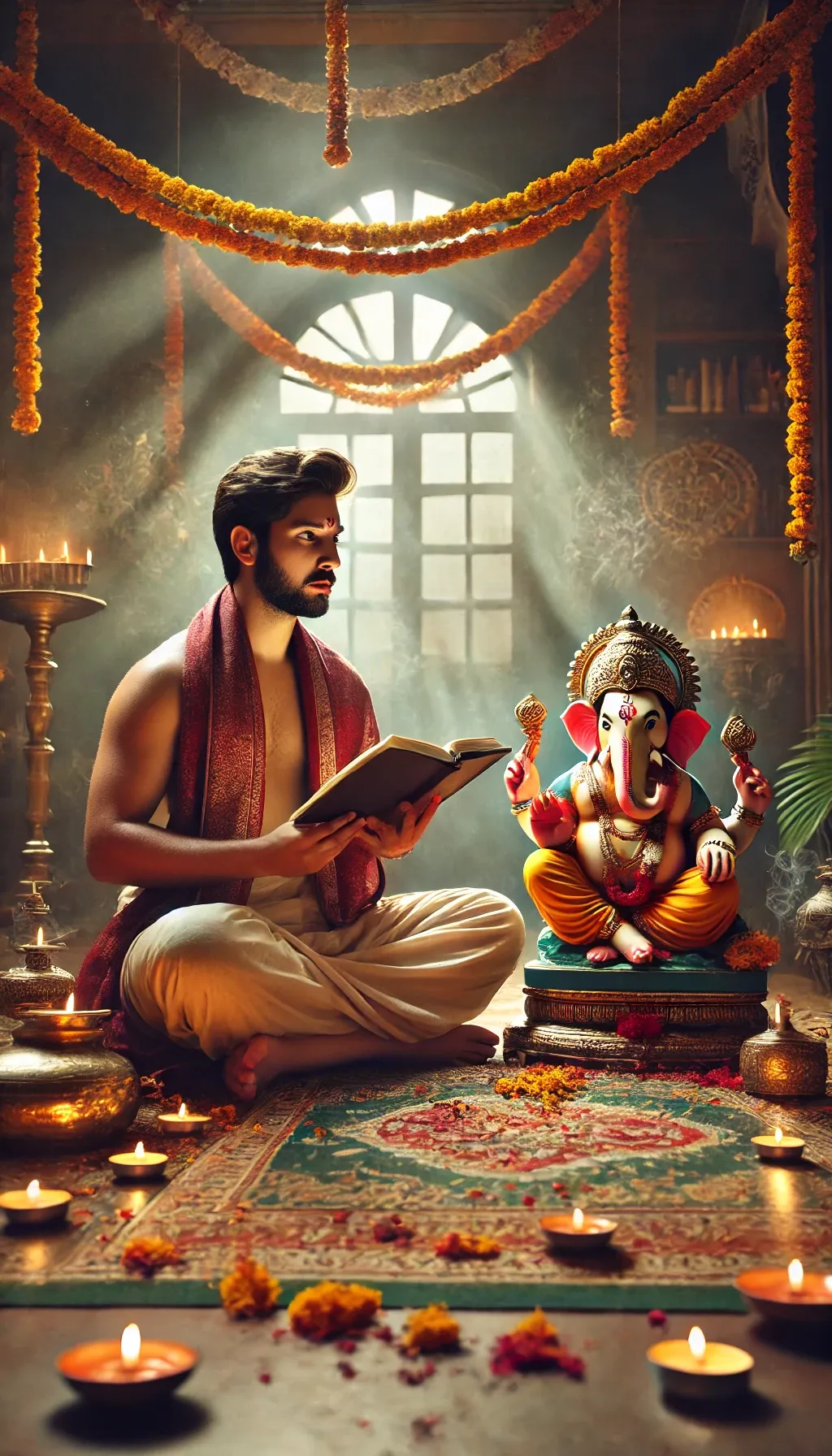 Devotee reciting mantras while sitting next to Ganesha's Idol