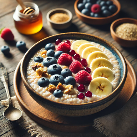 A bowl of oatmeal with fruit

AI-generated content may be incorrect.