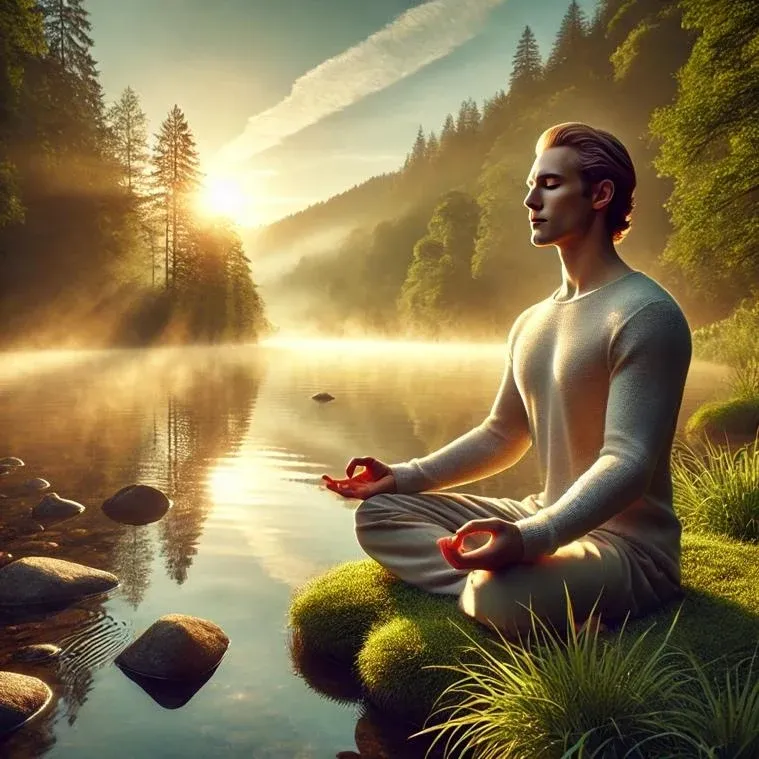  A highly realistic and serene image of a person meditating peacefully by a calm river during early morning.